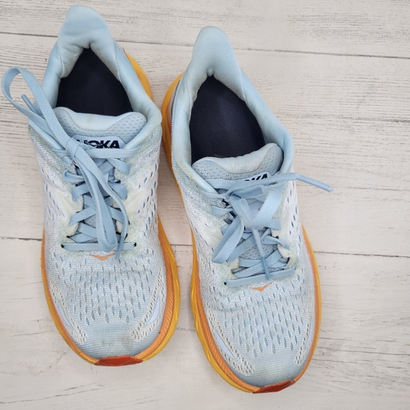 Hoka Women'sClifton 8. Size 6B, Light Blue/Orange - Picture 2 of 9
